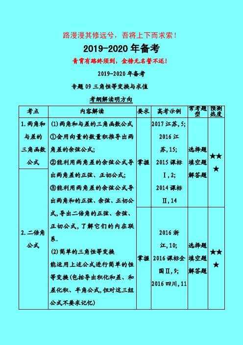 2019年高考理科数学三年高考真题精品分类汇编：09 三角恒等变换与求值-附答案中高考前沿