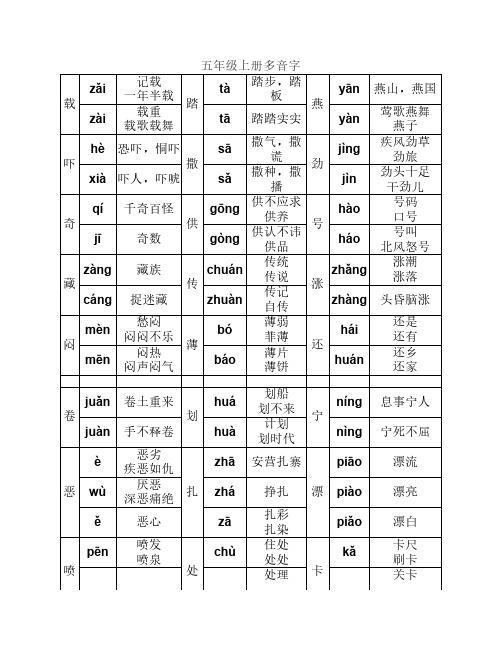 北师大版小学语文五年级上册多音字