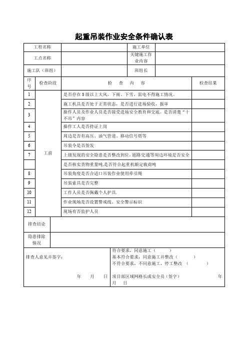 起重吊装作业安全条件确认表