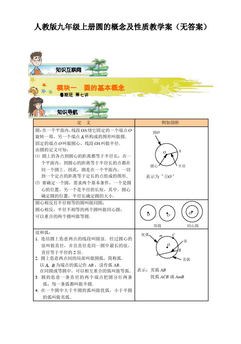 人教版九年级上册圆的概念及性质教学案(无答案)