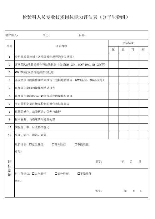 检验科人员专业技术岗位能力评估表(分子生物组)