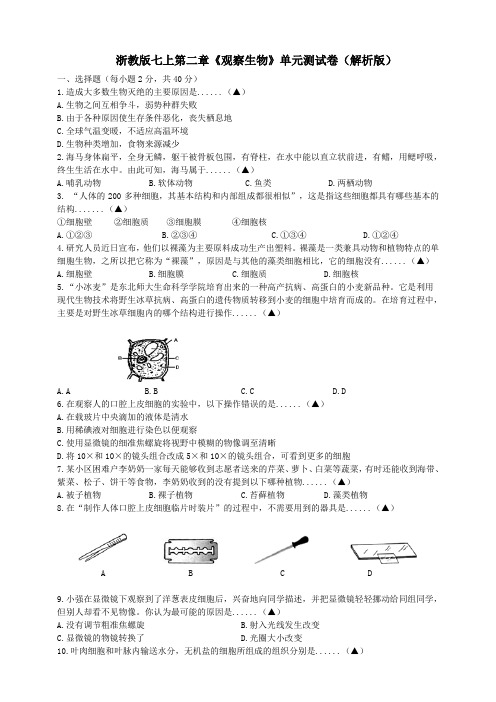 浙教版七上第二章《观察生物》单元测试卷(原卷版)