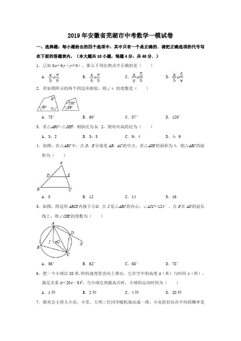 安徽省芜湖市2019年中考数学一模试卷(含答案解析)