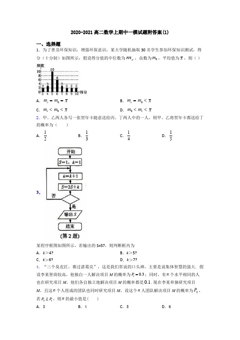 2020-2021高二数学上期中一模试题附答案(1)