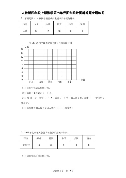 人教版四年级上册数学第七单元图形统计图解答题专题练习