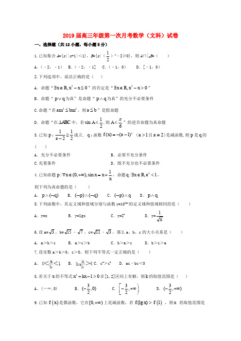 2019届高三数学上学期第一次月考(开学考试)试题 文