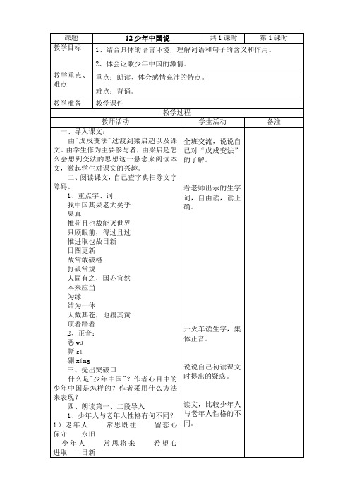 2019~2020学年部编版五年级上册语文第12课《少年中国说》表格式教案教学设计