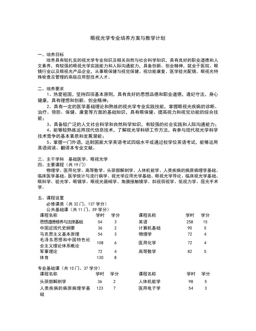 眼视光学专业培养方案与教学计划