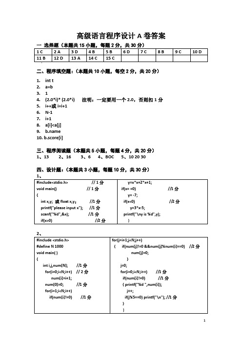 11级高级语言程序期末试卷答案_A