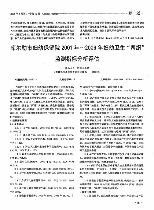 库尔勒市妇幼保健院2001年-2006年妇幼卫生“两纲”监测指标分析评估