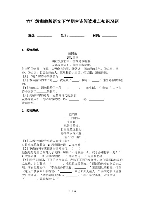 六年级湘教版语文下学期古诗阅读难点知识习题