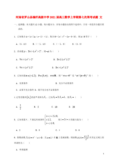 河南省罗山县楠杆高级中学2021届高三数学上学期第七次周考试题 文