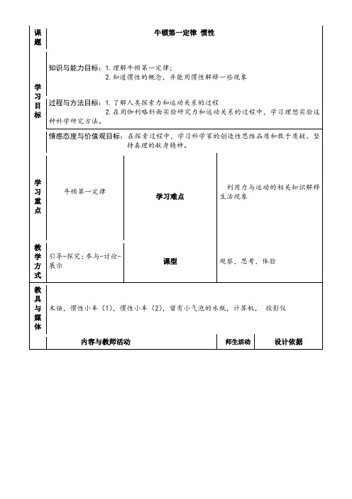 八年级物理下册教案-6.6 牛顿第一定律 惯性1-鲁教版(五四学制)