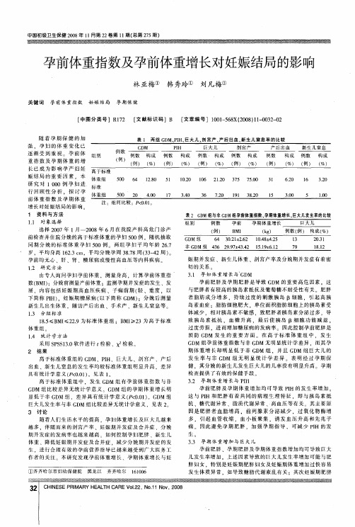 孕前体重指数及孕前体重增长对妊娠结局的影响