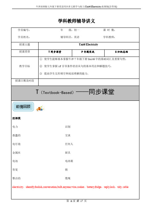 牛津深圳版七年级下册英语同步讲义教学与练习-Unit6-Electricity-拓展版(含答案)