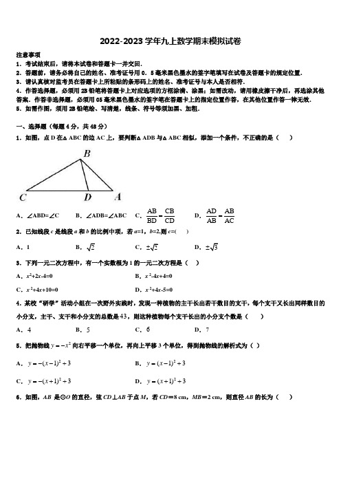 2022-2023学年安徽省池州市贵池区数学九年级第一学期期末质量检测模拟试题含解析