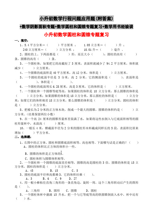 小升初数学行程问题应用题(附答案)+数学阴影面积专题+数学圆柱和圆锥专题复习+数学用书经验谈