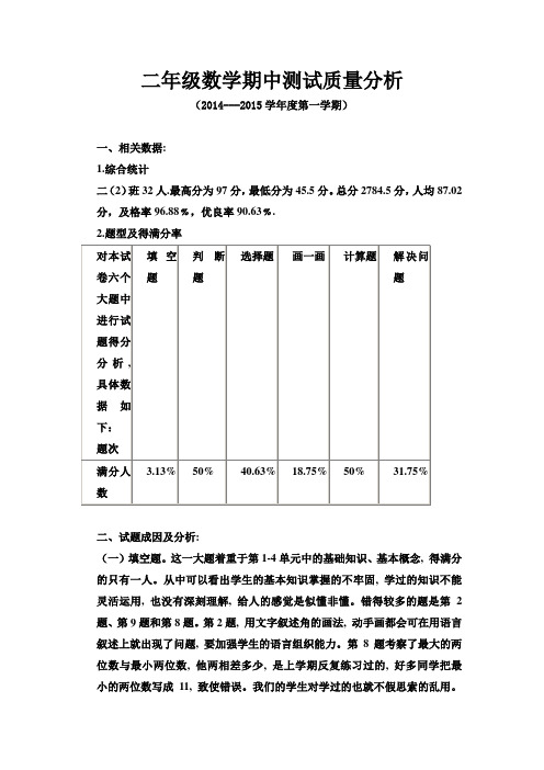 新人教版小学数学二年级上册期中测试质量分析