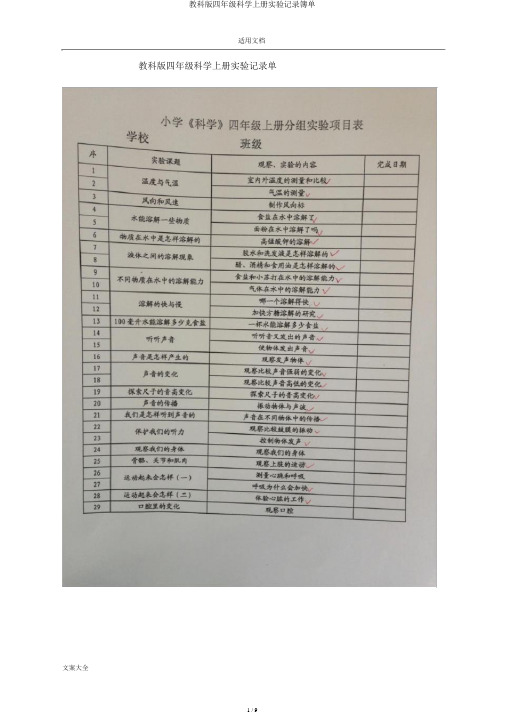 教科版四年级科学上册实验记录簿单