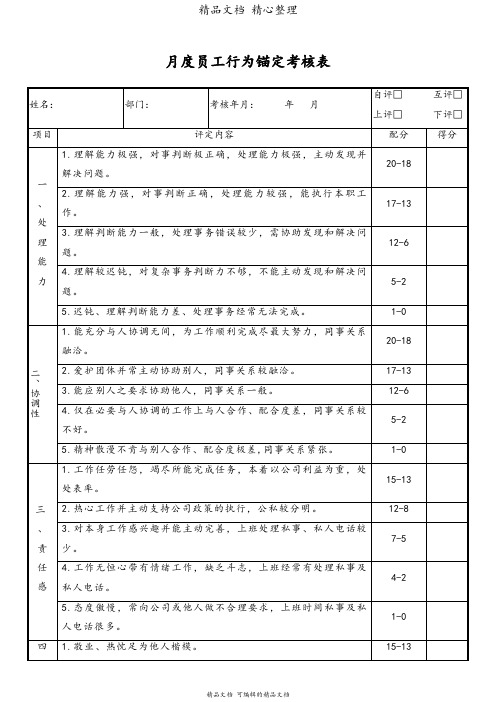 月度员工行为锚定考核表