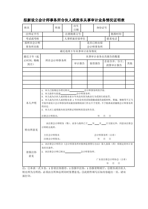 拟新设立会计师事务所合伙人或股东从事审计业务情况证明表