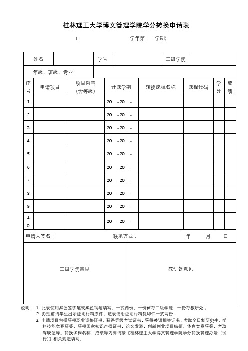 桂林理工大学博文管理学院学分转换申请表【模板】