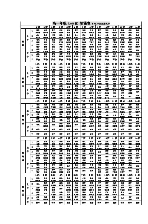 高一年级(2011级)总课表9月19日开始执行