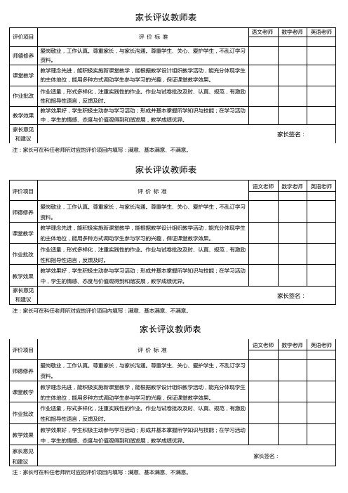 家长对教师评价表