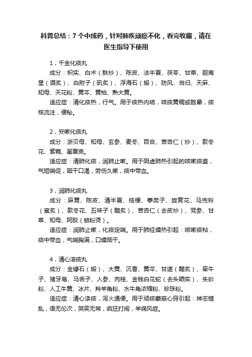 科普总结：7个中成药，针对肺疾顽痰不化，看完收藏，请在医生指导下使用