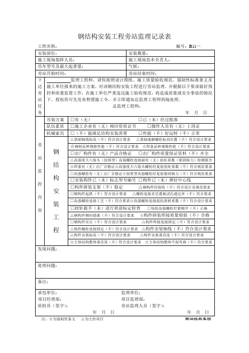 钢结构安装工程旁站监理记录