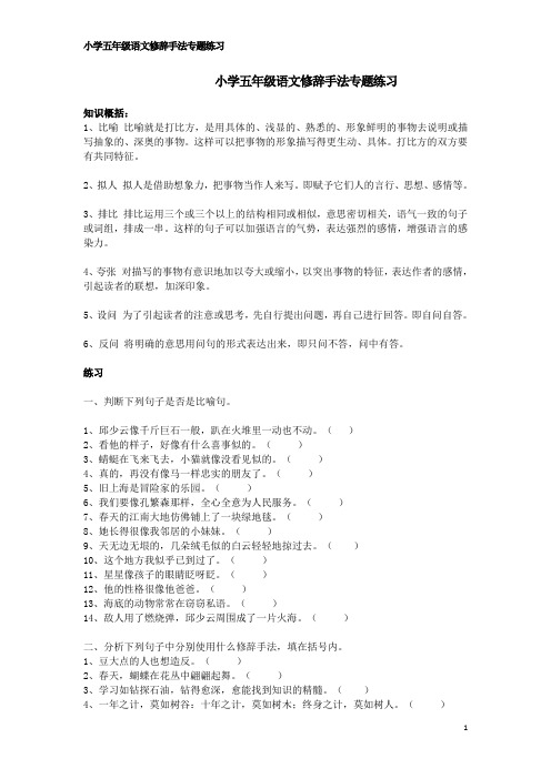 小学人教版五年级语文修辞手法专题练习及答案