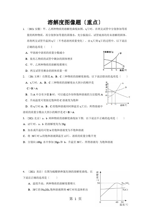 初三中考重点考点之溶解度图像题(有答案)