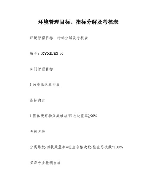 环境管理目标、指标分解及考核表