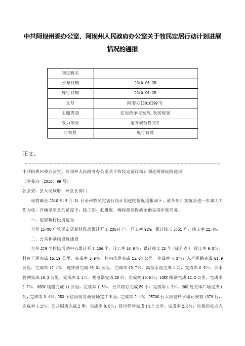 中共阿坝州委办公室、阿坝州人民政府办公室关于牧民定居行动计划进展情况的通报-阿委办[2010]99号