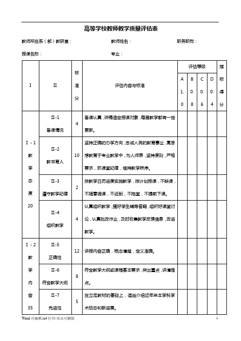 高等学校教师教学质量评估记录表(2021完整版)A4打印版