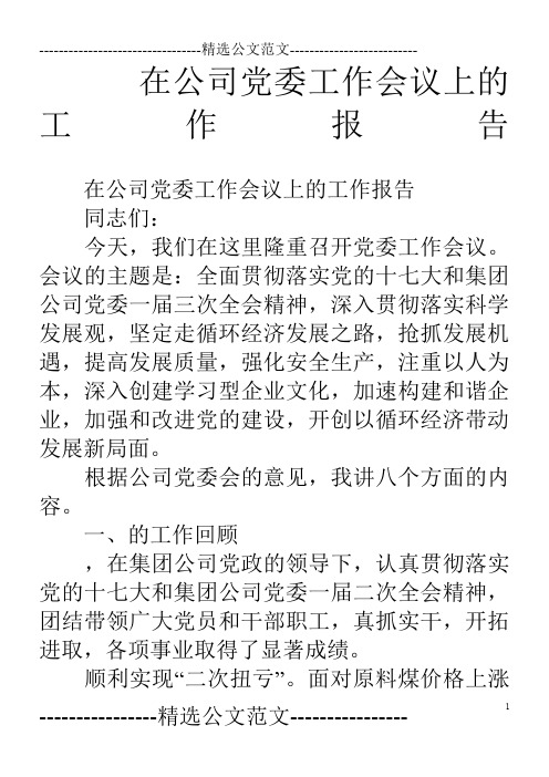 在公司党委工作会议上的工作报告