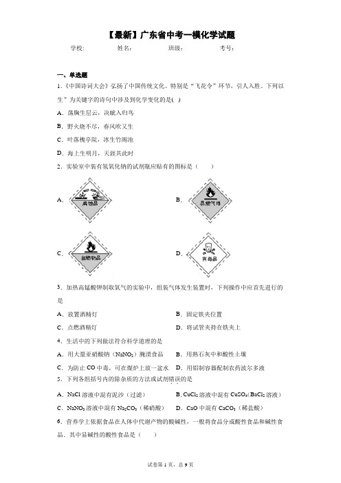 2021年广东省中考一模化学试题 答案和解析