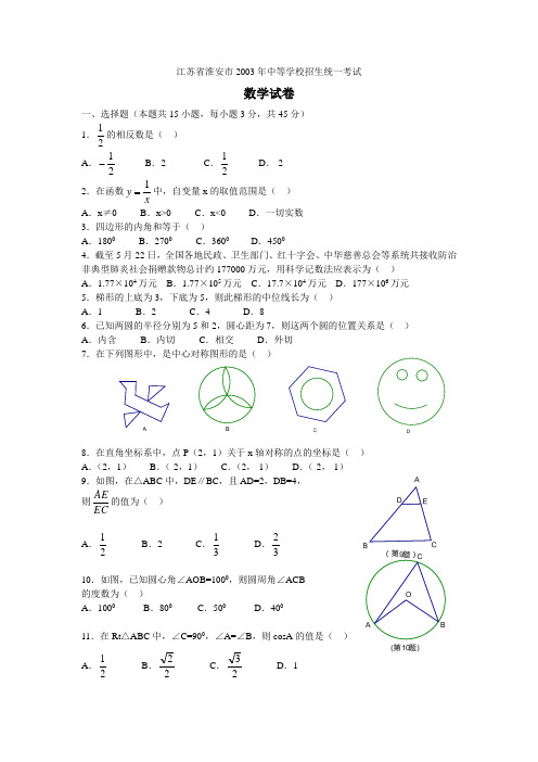 2003年江苏省淮安市中等学校招生统一考试