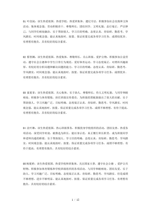 2010级高一班上学期评语