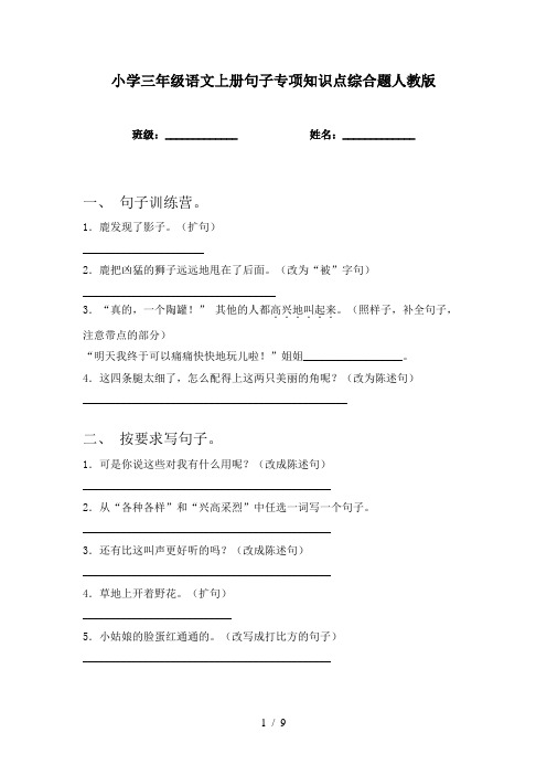 小学三年级语文上册句子专项知识点综合题人教版