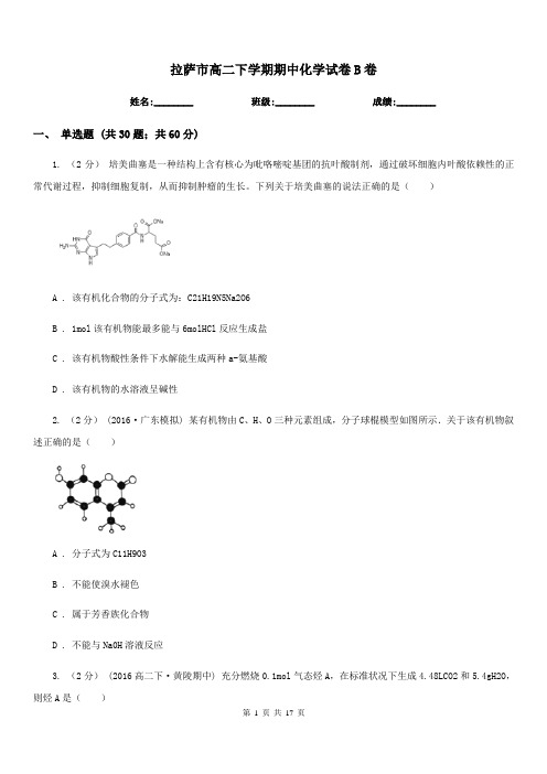 拉萨市高二下学期期中化学试卷B卷(考试)