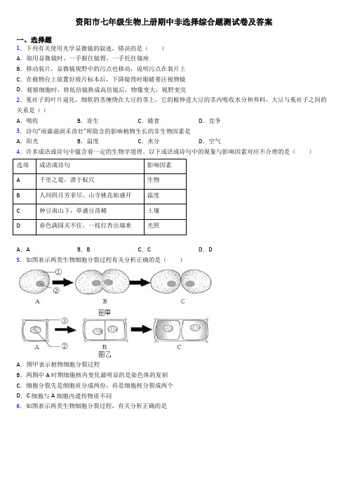 资阳市七年级生物上册期中非选择综合题测试卷及答案