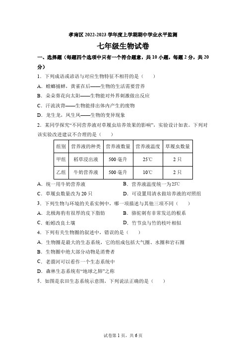 湖北省孝感市孝南区2022-2023学年七年级上学期期中生物试题