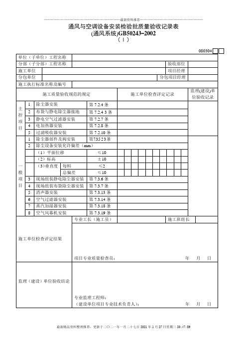 通风与空调设备安装检验批质量验收记录表Ⅰ