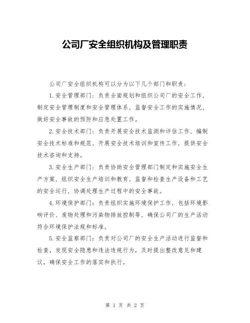 公司厂安全组织机构及管理职责