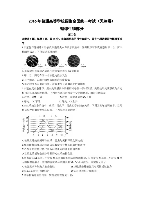 2016年(天津卷)理综生物部分(解析版)