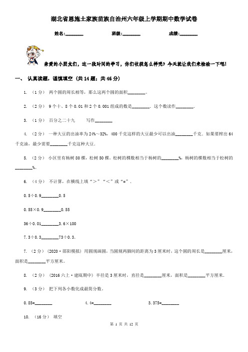 湖北省恩施土家族苗族自治州六年级上学期期中数学试卷