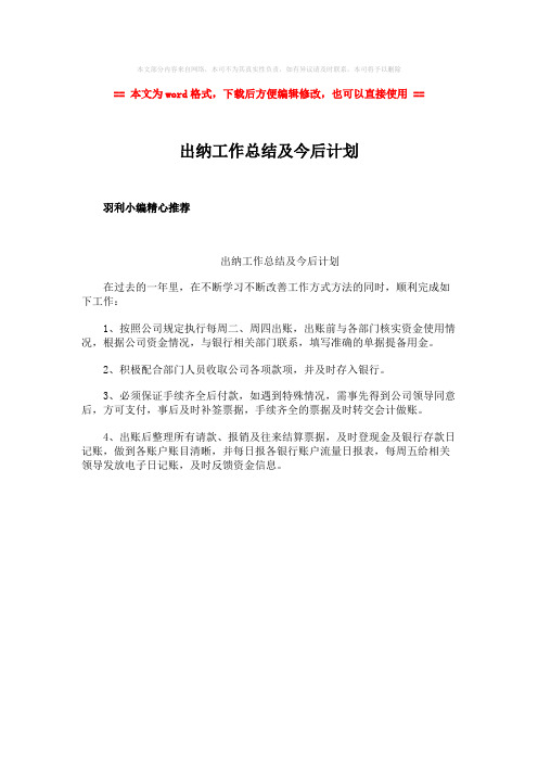 2018-2019-出纳工作总结及今后计划word版本 (1页)