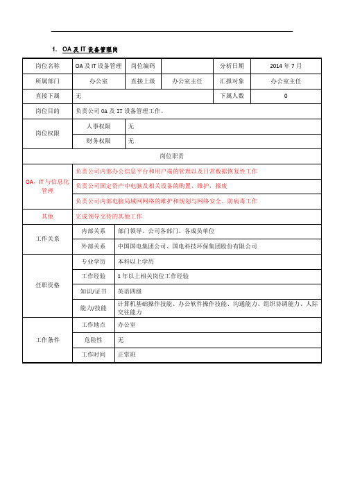 电力风电岗位说明书-办公室-OA及IT设备管理岗