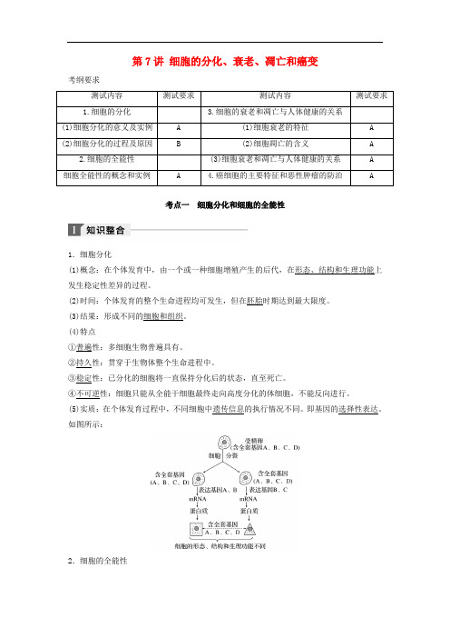 江苏省高考生物(知识整合+考题探究+专题训练)第7讲 细胞的分化、衰老、凋亡和癌变讲练 新人教版